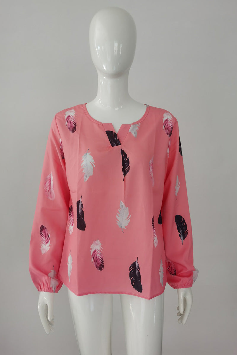 Feather Print V-Neck Blouse