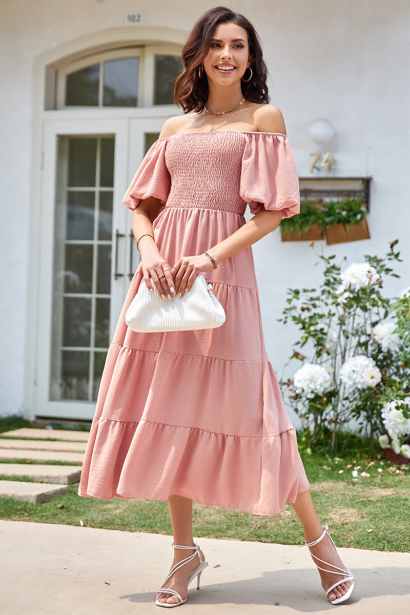 Puff Sleeve Open-Back Midi Dress