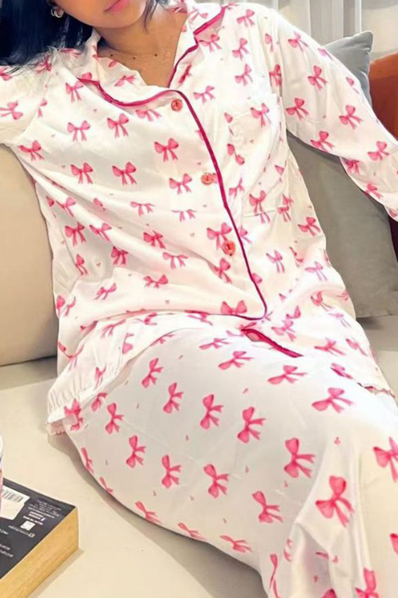 Bow Print Long-Sleeve Pajama Set