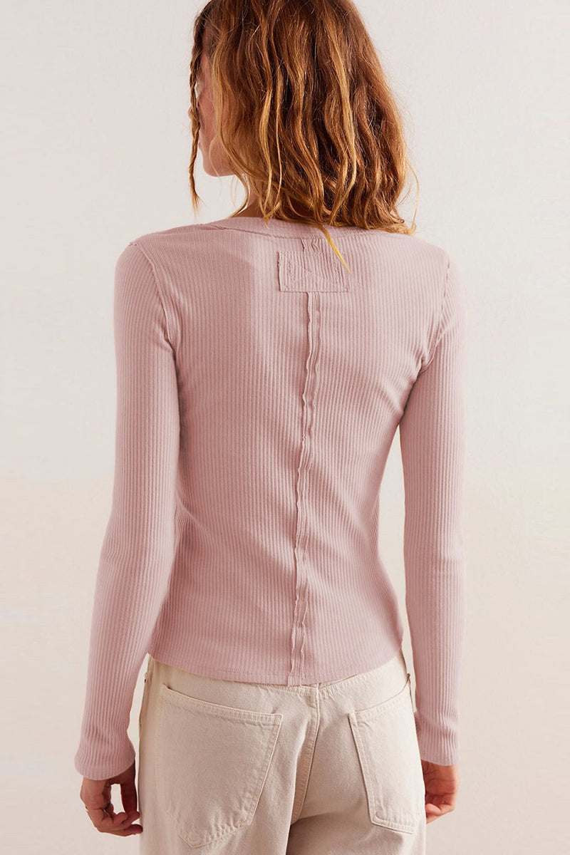 Ribbed Button-Up Long-Sleeve Top