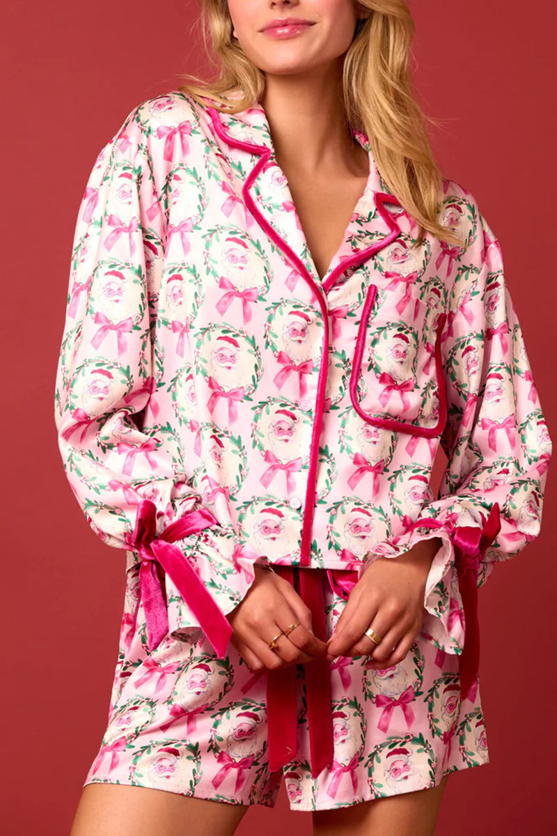 Santa Print Ribbon Pajama Set