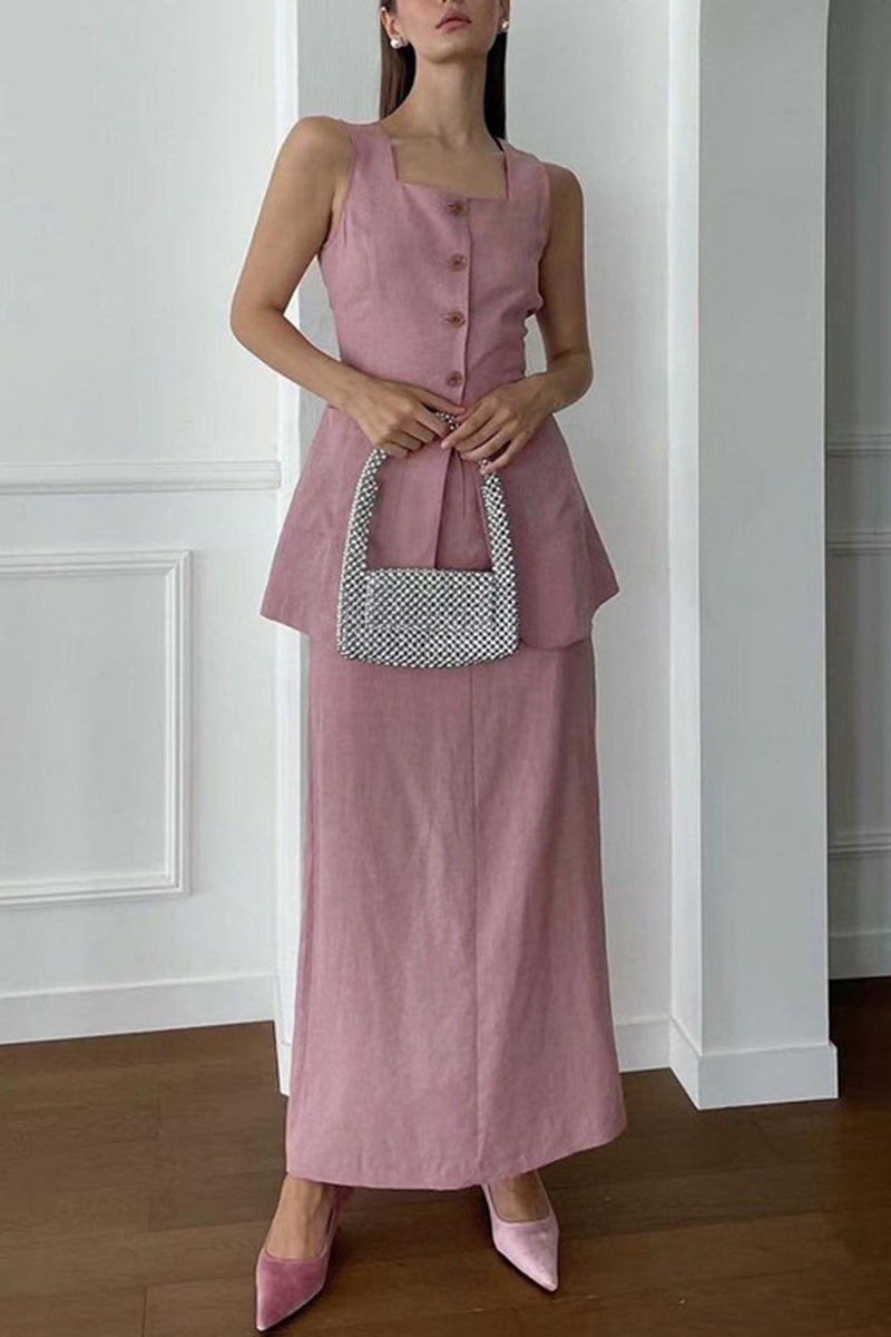 Sleeveless Button-Up Vest and Maxi Skirt Set