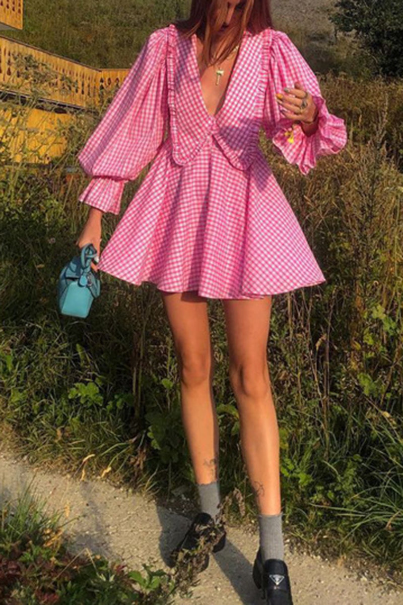 V-Neck Puffy Sleeve Gingham Mini Dress