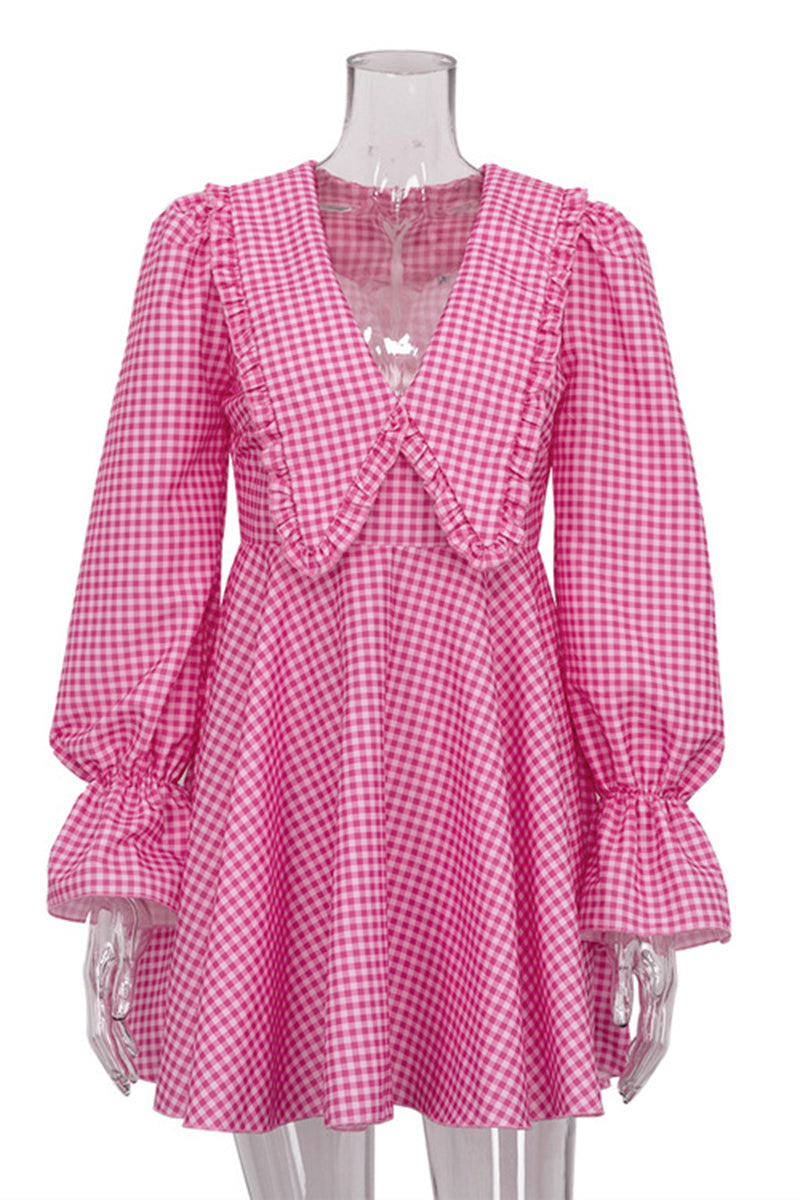 V-Neck Puffy Sleeve Gingham Mini Dress