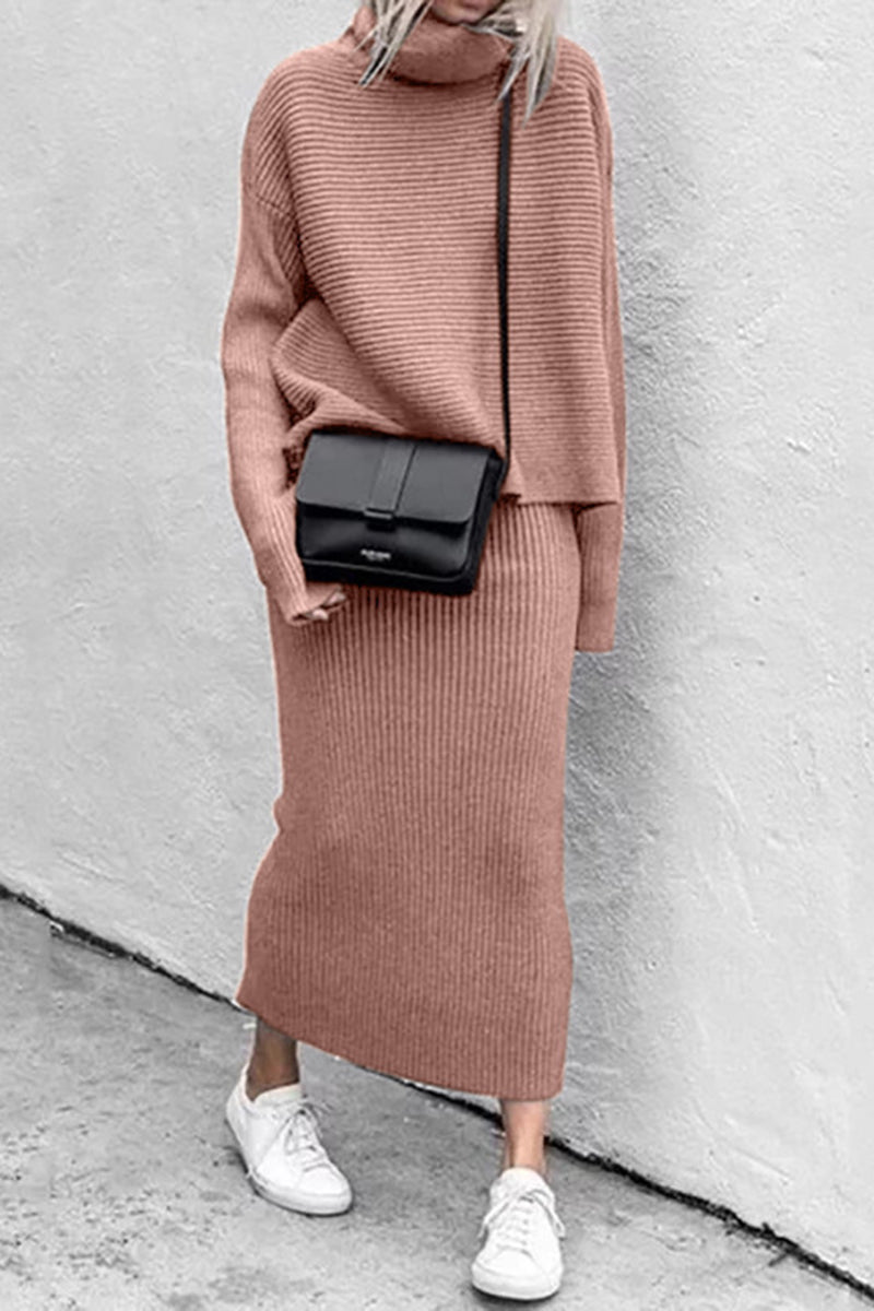 Two-Piece Ribbed Turtleneck and Skirt Set