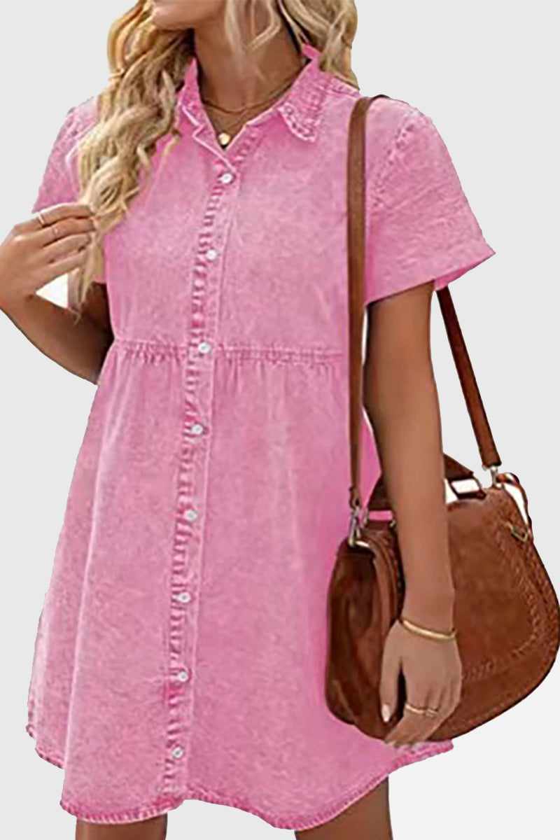 Short-Sleeve Denim Button-Up Dress