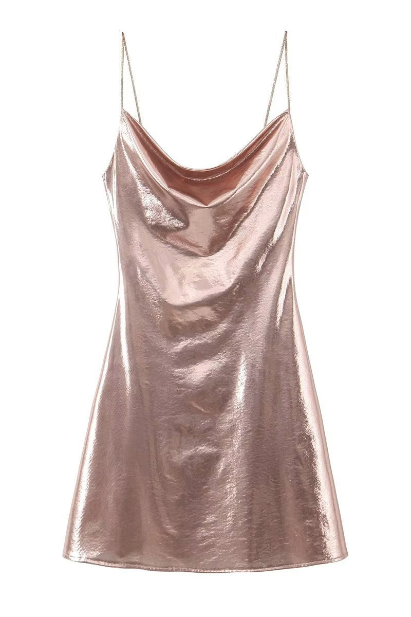 Draped Metallic Cowl Neck Mini Dress