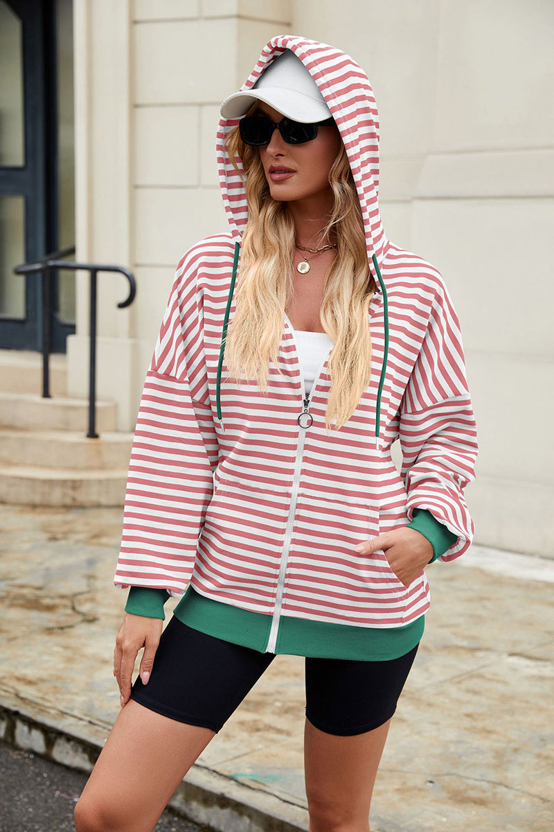 Striped Hooded Contrast Pocket Sweatshirt