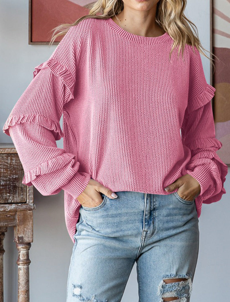 Balloon Sleeve Round Neck Pullover Top