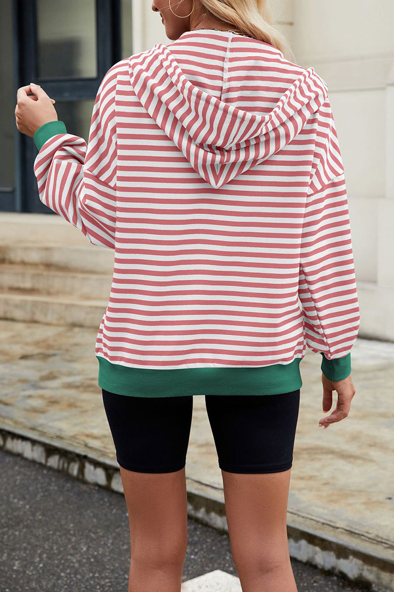 Striped Hooded Contrast Pocket Sweatshirt