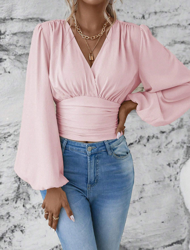 Ruched V-Neck Puff Sleeve Blouse