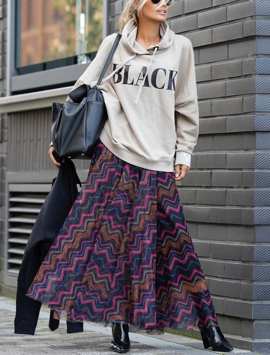 Geometric Print Mesh Flared Skirt