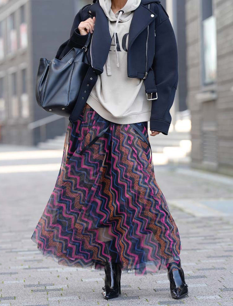 Geometric Print Mesh Flared Skirt