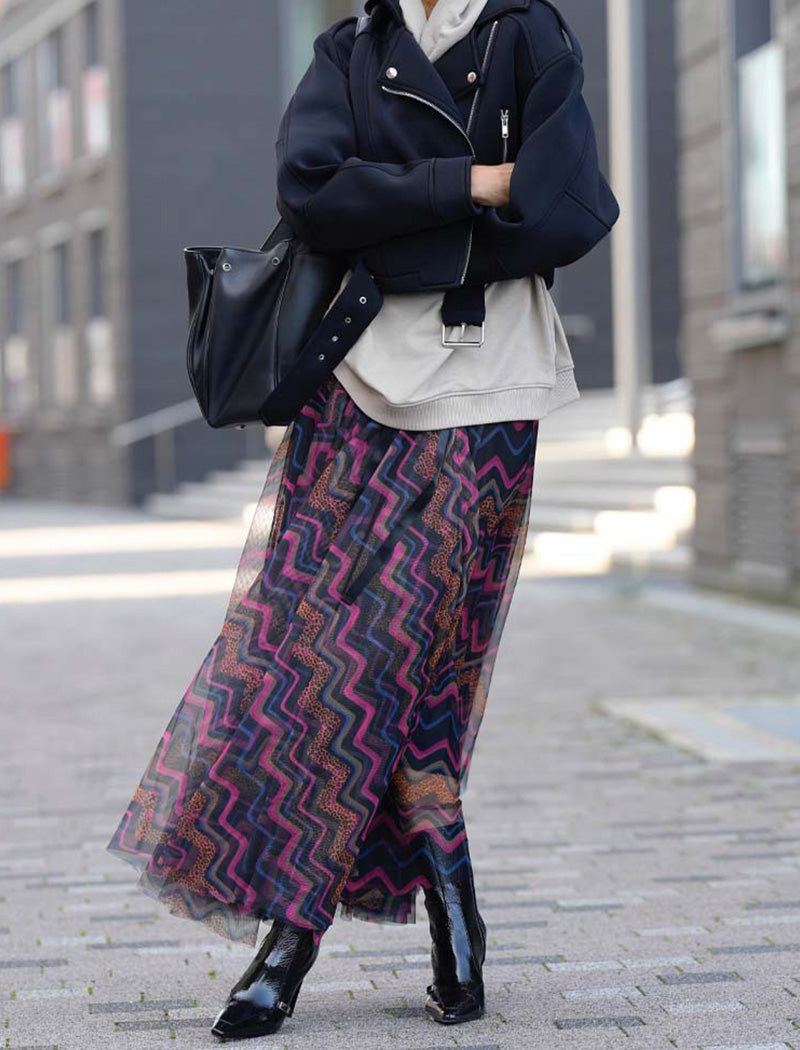 Geometric Print Mesh Flared Skirt