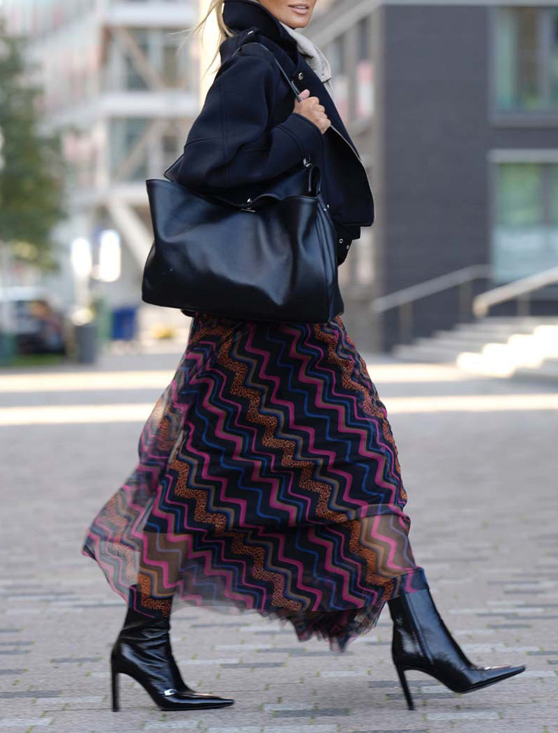 Geometric Print Mesh Flared Skirt