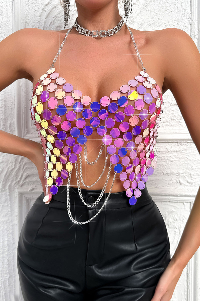 Chain Embellished Sequin Crop Top