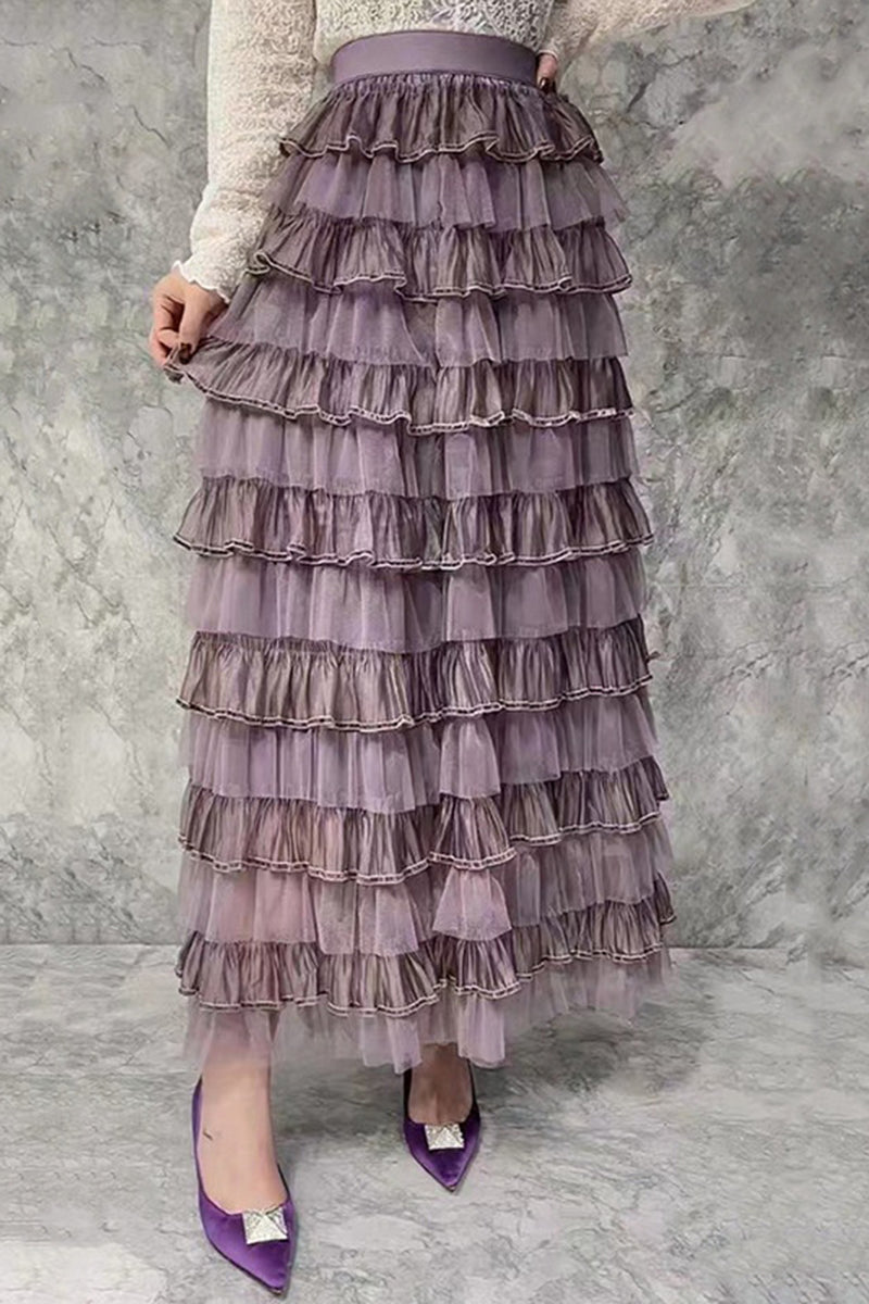 Layered Tulle Ruffle Midi Skirt