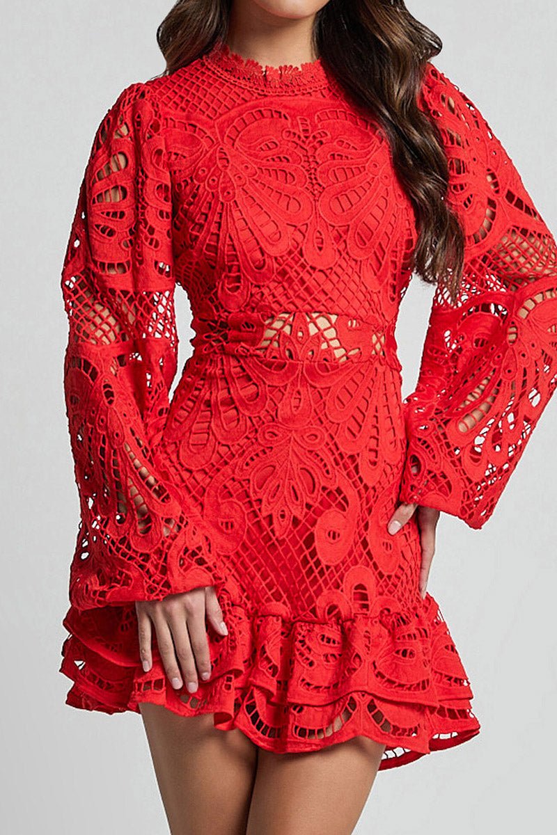 Cutout Floral Lace Ruffle Mini Dress