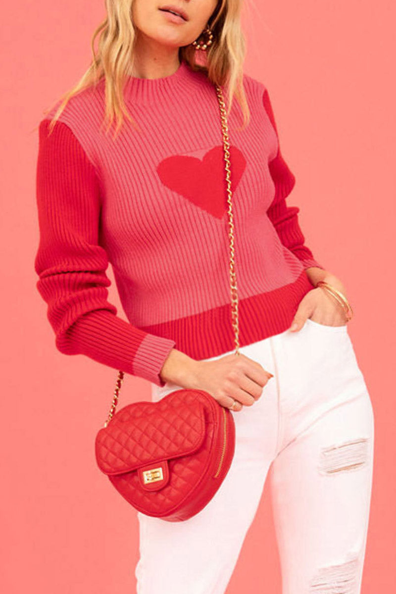 Heart Accent Ribbed Crewneck Sweater