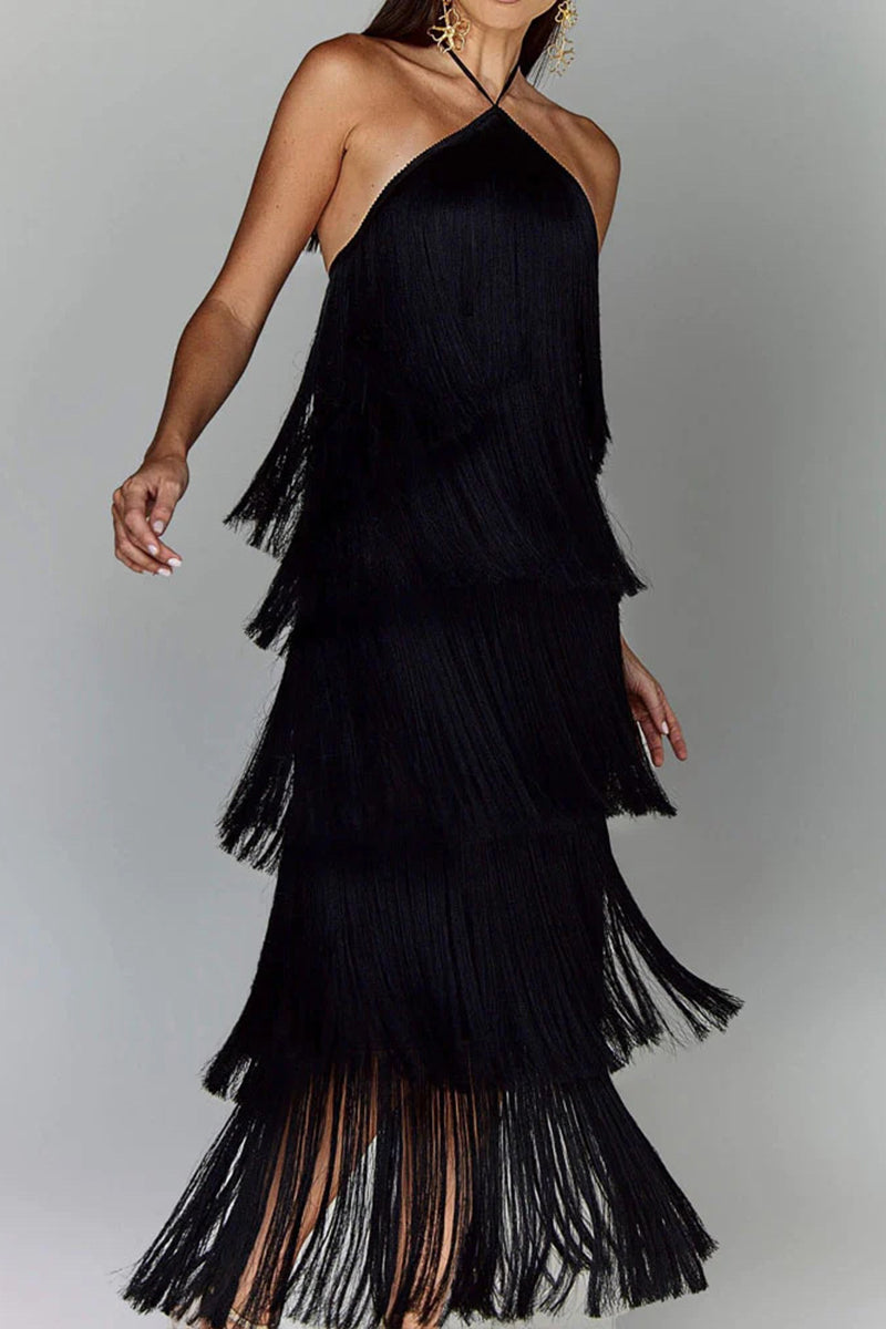 Tiered Fringe Halter Dress