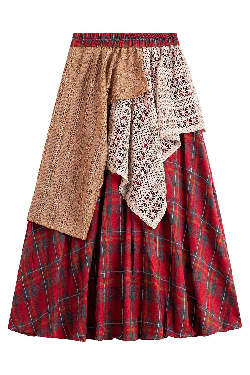 Asymmetrical Plaid Patchwork Midi Skirt