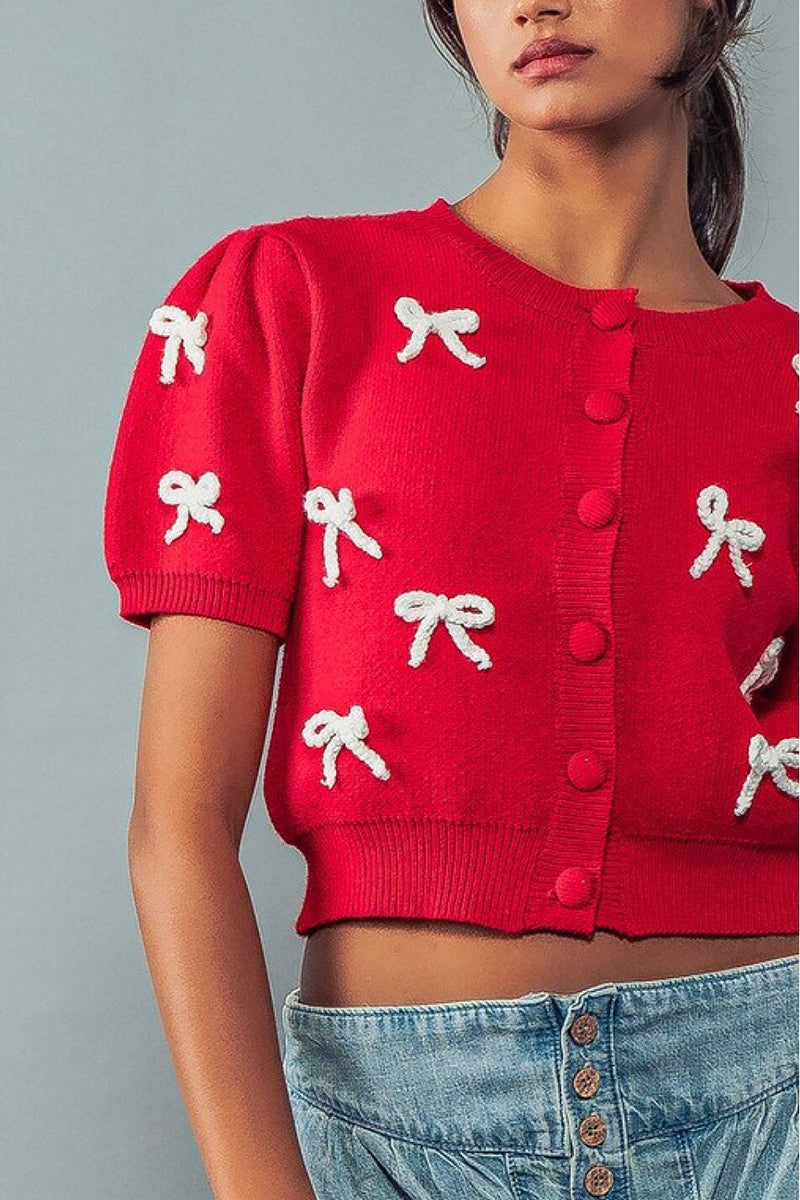 Bow Embellished Button-Up Cardigan
