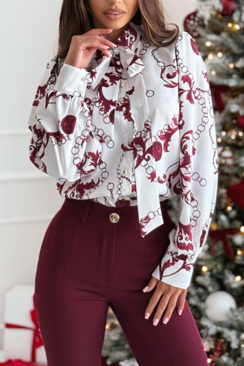 Printed Long Sleeve Bow-Tie Blouse