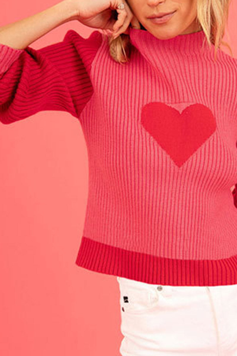 Heart Accent Ribbed Crewneck Sweater