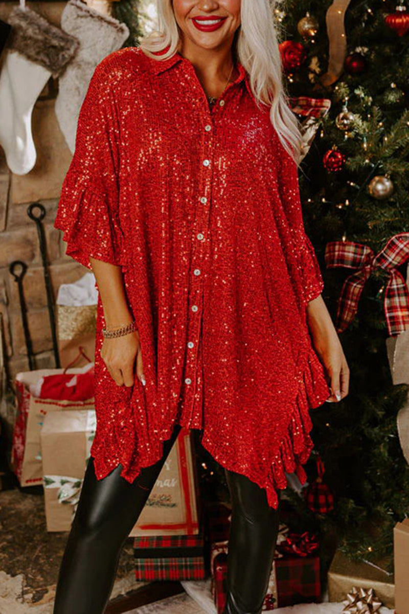 Sequined Button-Up Tunic Top