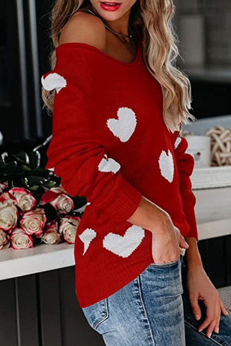 Off-Shoulder Heart Knit Sweater