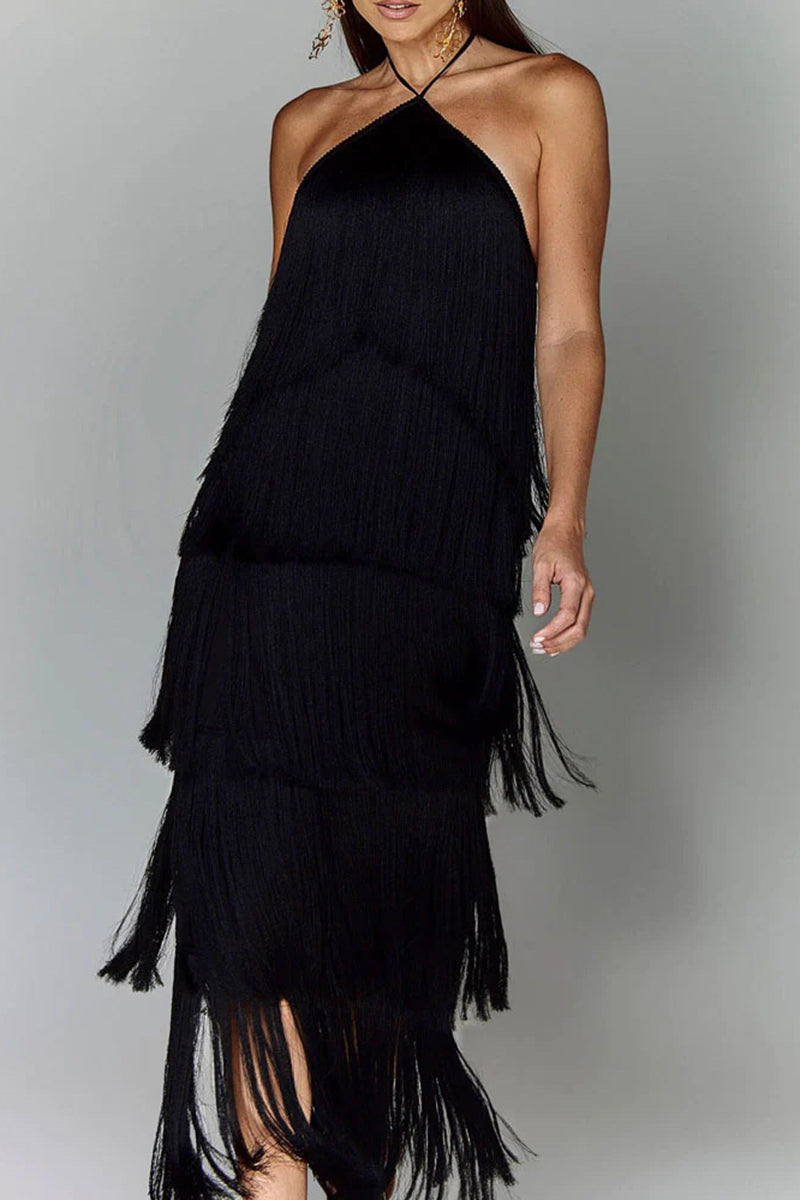 Tiered Fringe Halter Dress