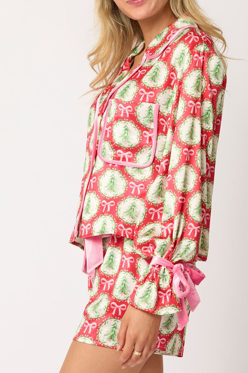 Santa Print Ribbon Pajama Set