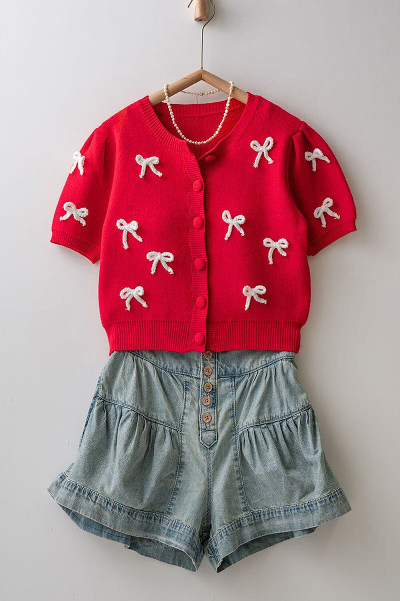 Bow Embellished Button-Up Cardigan