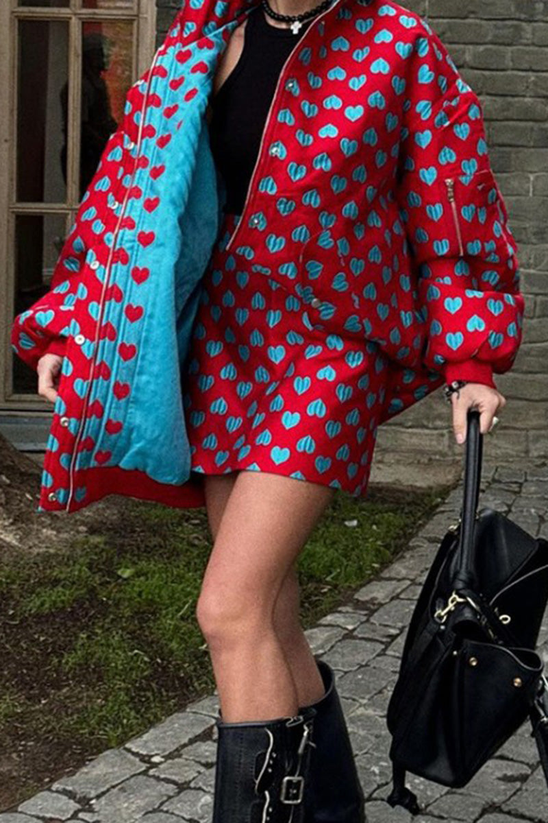 Heart Print Jacket and Skirt Set