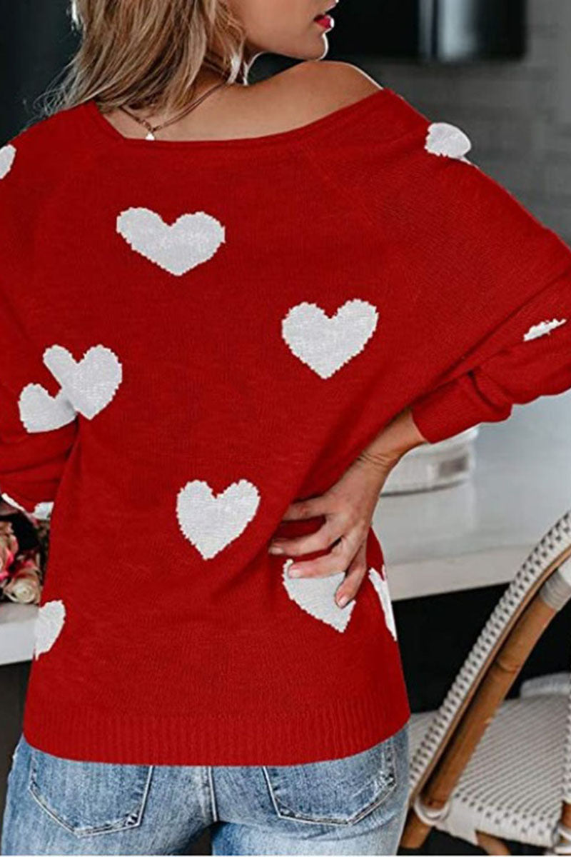 Off-Shoulder Heart Knit Sweater