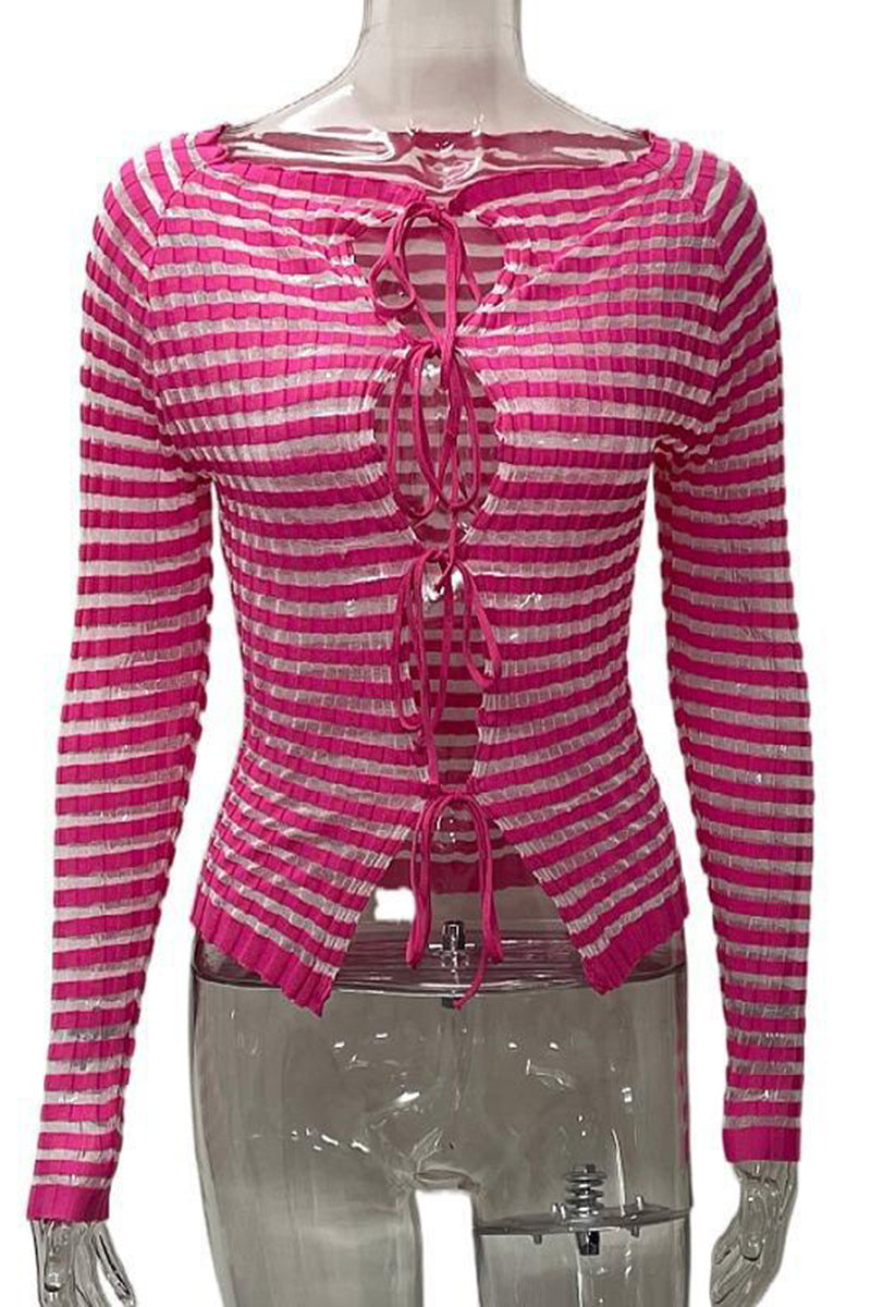 Tie-Front Striped Long Sleeve Top