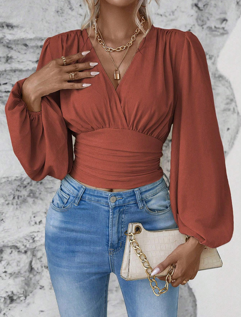 Ruched V-Neck Puff Sleeve Blouse