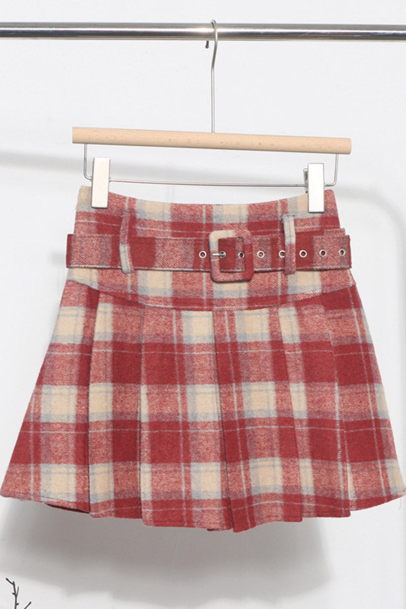 Belted Plaid Pleated Mini Skirt