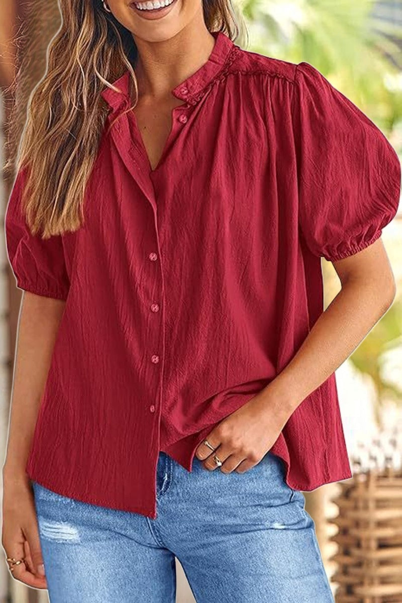 Balloon Sleeve V-Neck Blouse