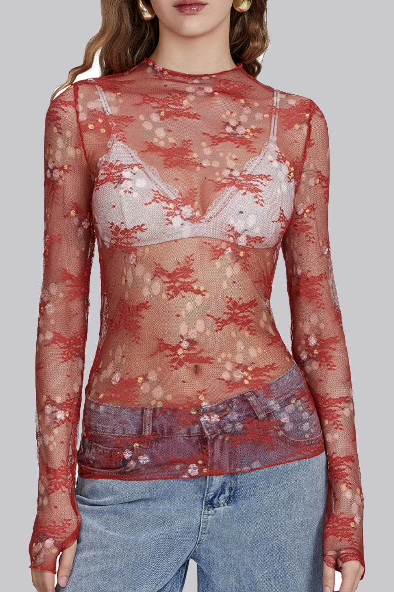 Sheer Floral Long-Sleeve Mesh Top