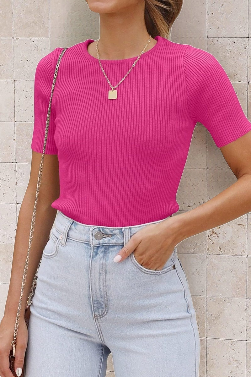 Ribbed Short-Sleeve Fitted Top