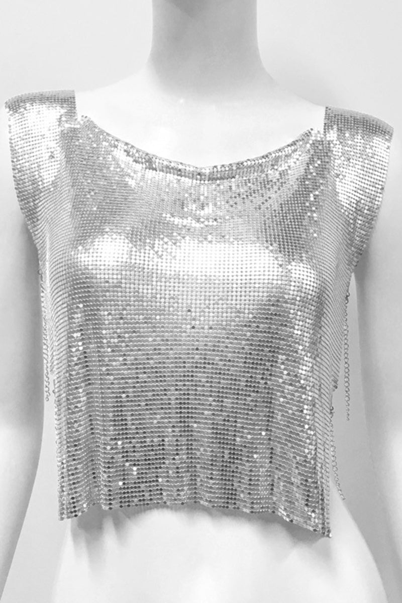 Chain Embellished Metallic Crop Top