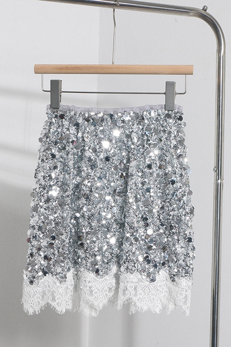 Lace Hem Sequin Skirt