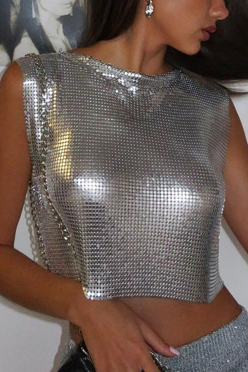 Chain Embellished Metallic Crop Top