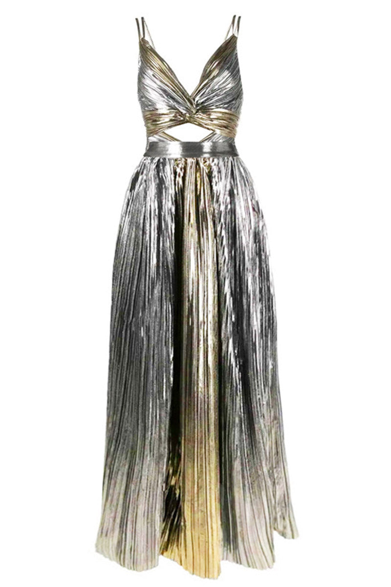 Bodysuit with Metallic Pleated Maxi Skirt Set