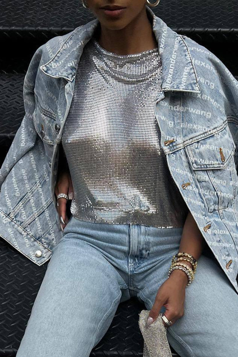 Chain Embellished Metallic Crop Top