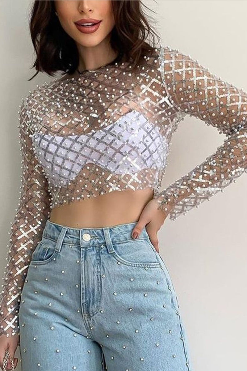 Sheer Rhinestone Embellished Crop Top