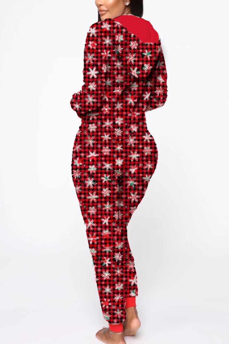 Christmas Print Long Sleeves Zipper Front Jumpsuit