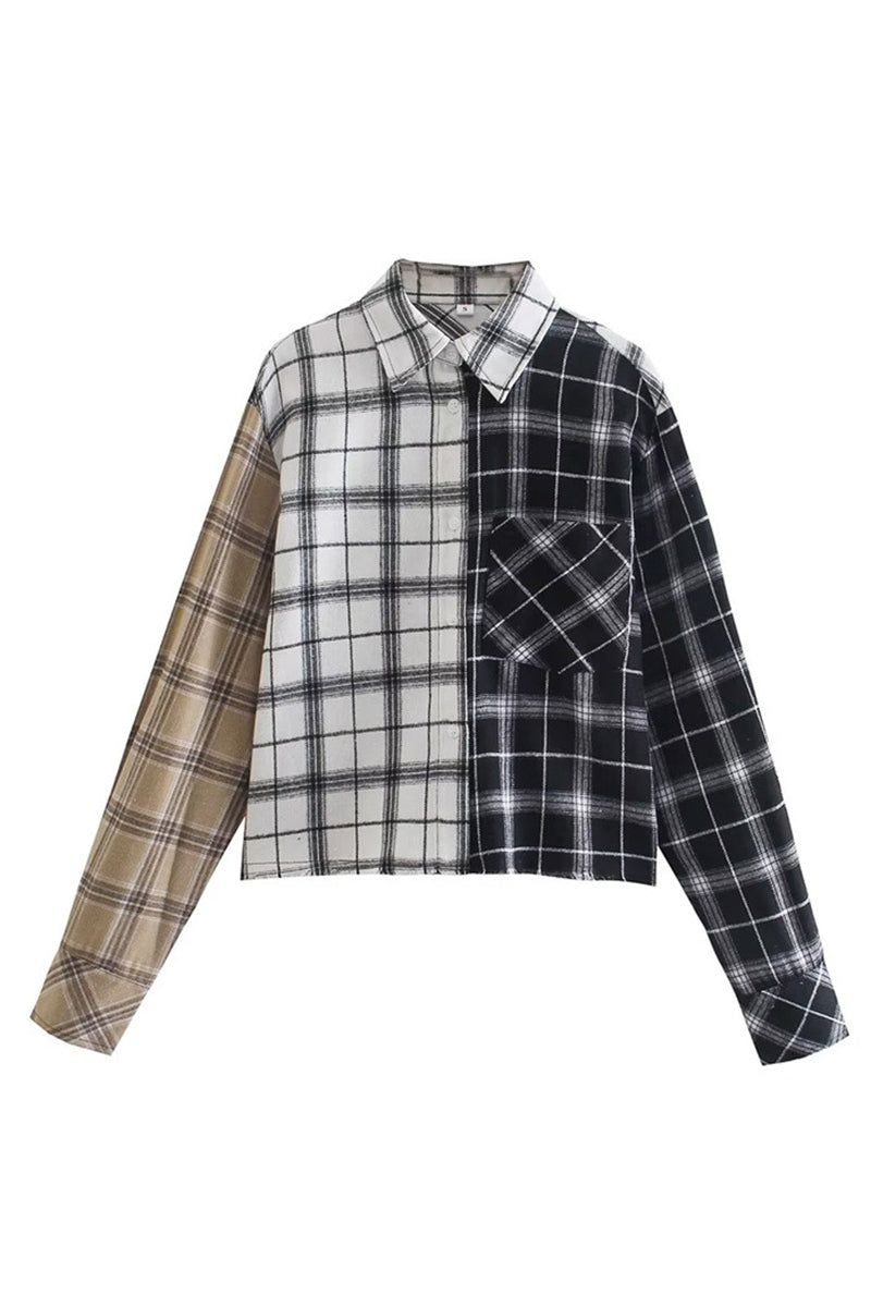 Plaid Splicing Long Sleeve Short Shirt