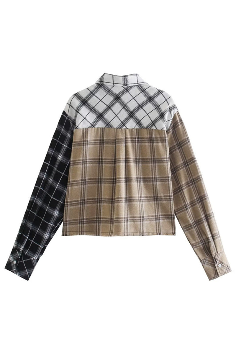 Plaid Splicing Long Sleeve Short Shirt